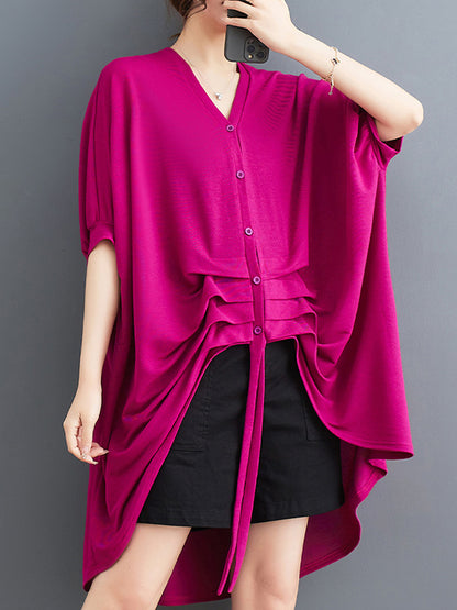 flowersverse Drawstring Solid Color Half Sleeves Irregular Clipping V-Neck Outerwear