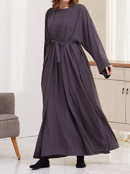 flowersverse Long Sleeves Loose Solid Color Inner Dress + Tied Waist Outerwear Two Pieces Set