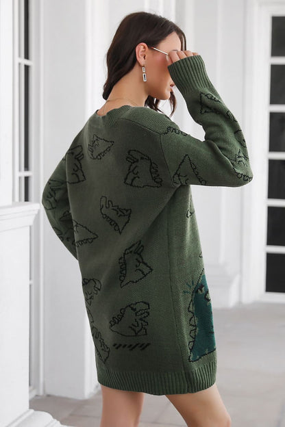 flowersverse Casual Dinosaur Pattern V-Neck Sweater Mini Dress