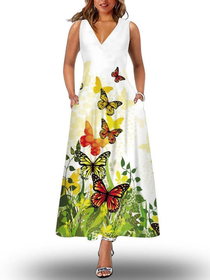 flowersverse Women's Long Dress Maxi Dress Casual Dress Shift Dress Print Dress Floral Butterfly Peacock Fashion Casual Daily Going out Beach Print Sleeveless V Neck Dress Loose Fit Black White Light Green Spring