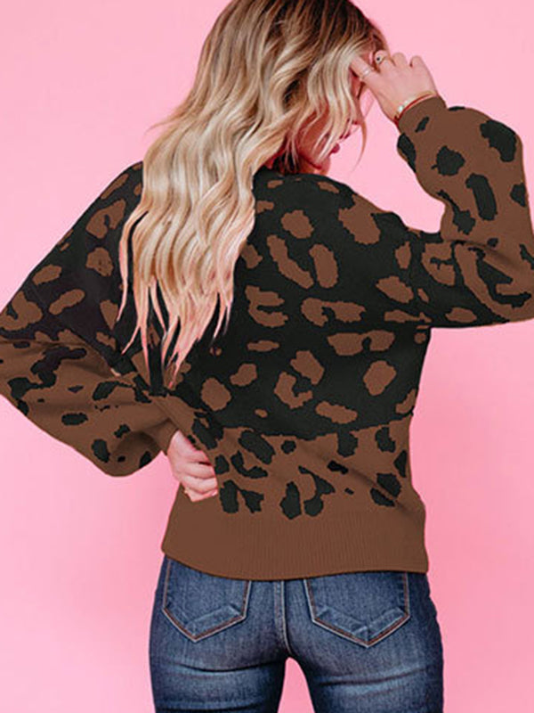 flowersverse Urban Puff Sleeves Leopard Two-Tone Round-Neck Sweater Tops