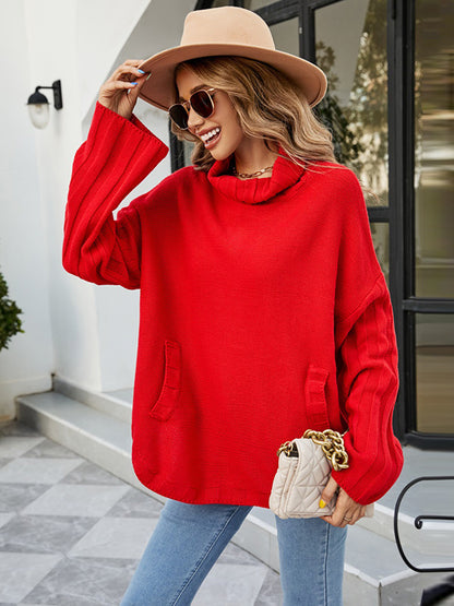 flowersverse Loose Long Sleeves Solid Color High-Neck With Pockets Sweater Tops