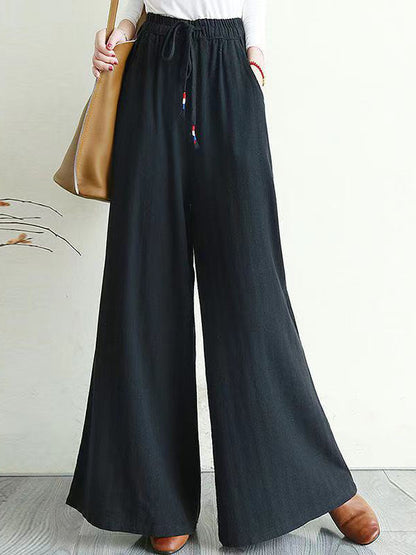 flowersverse Artistic Ramie Cotton Drawstring Elasticity Loose Wide-Leg Pants