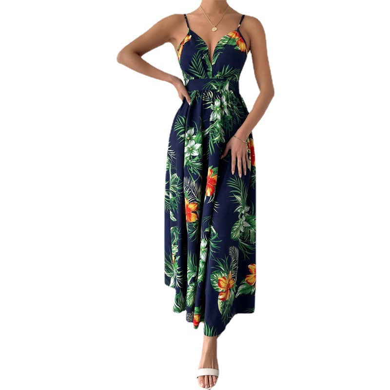 flowersverse Casual Swing Dress Women's V Neck Floral Spaghetti Strap Dress