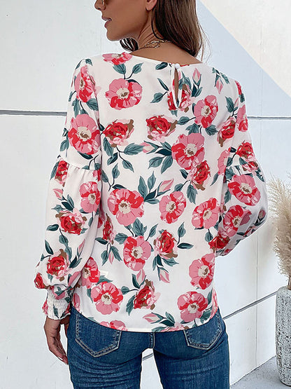 flowersverse Elasticity Flower Print Long Sleeves Loose Round-Neck Blouses&Shirts Tops