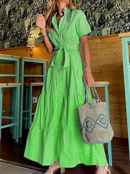 flowersverse Striped Loose Short Sleeves Lapel Maxi Dresses