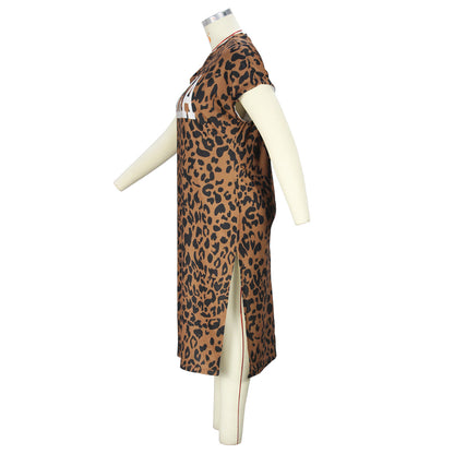 flowersverse Plus Size Women Leopard Print Round Neck Slit Dress