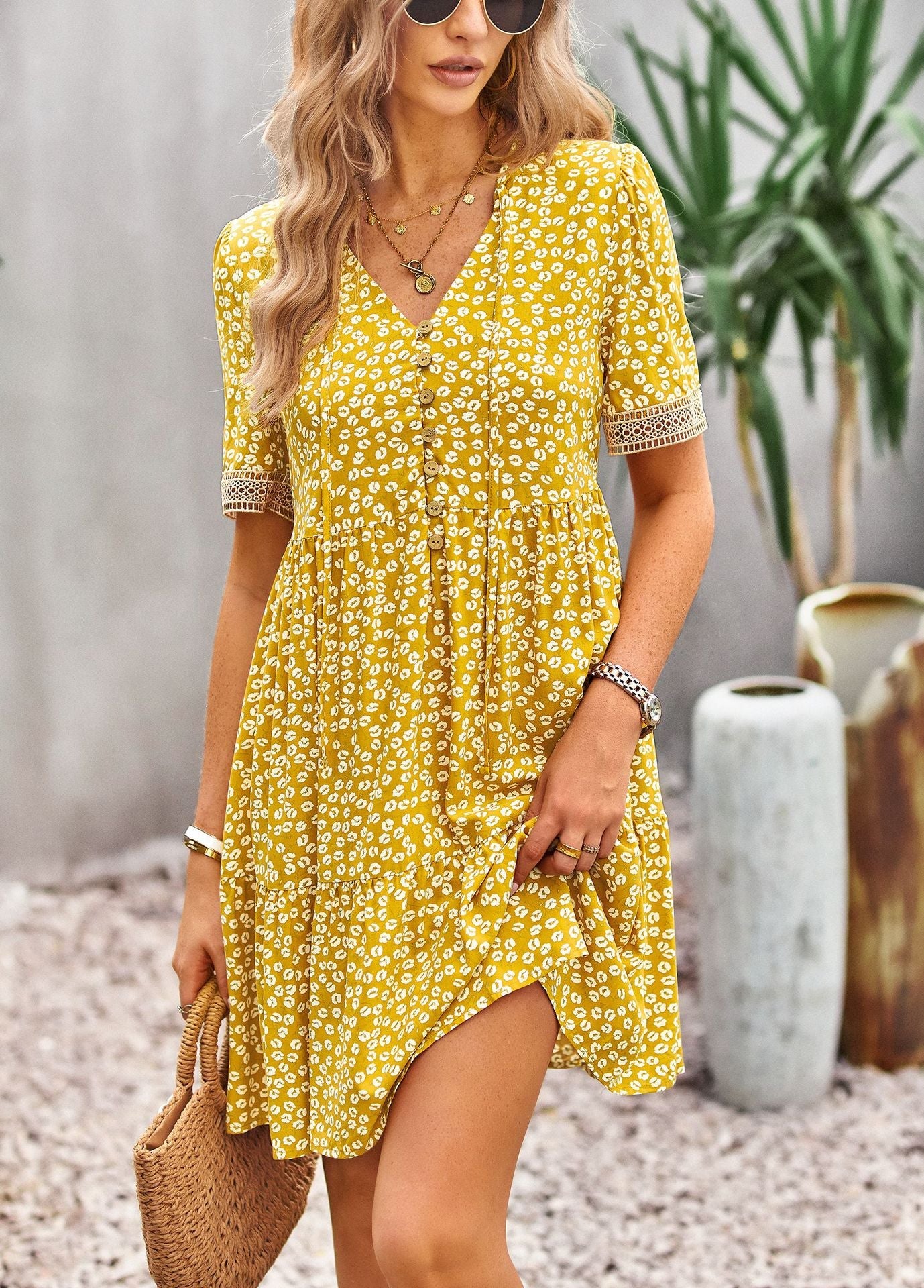 flowersverse Floral Buttoned Puff Sleeve Dress