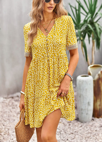 flowersverse Floral Buttoned Puff Sleeve Dress