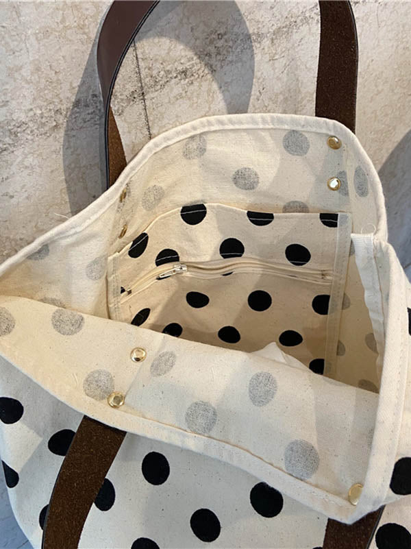 flowersverse Vintage Canvas Polka-Dot Printed Makeup Tote Bag Bucket Bag