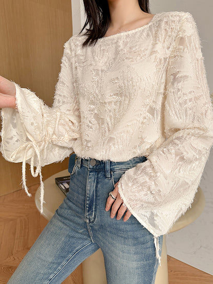 flowersverse Drawstring Fringed Solid Color Flared Sleeves Long Sleeves Square-Neck Blouses&Shirts Tops