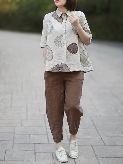 flowersverse Ramie Cotton Loose Annual Ring Pattern Shirt Tops