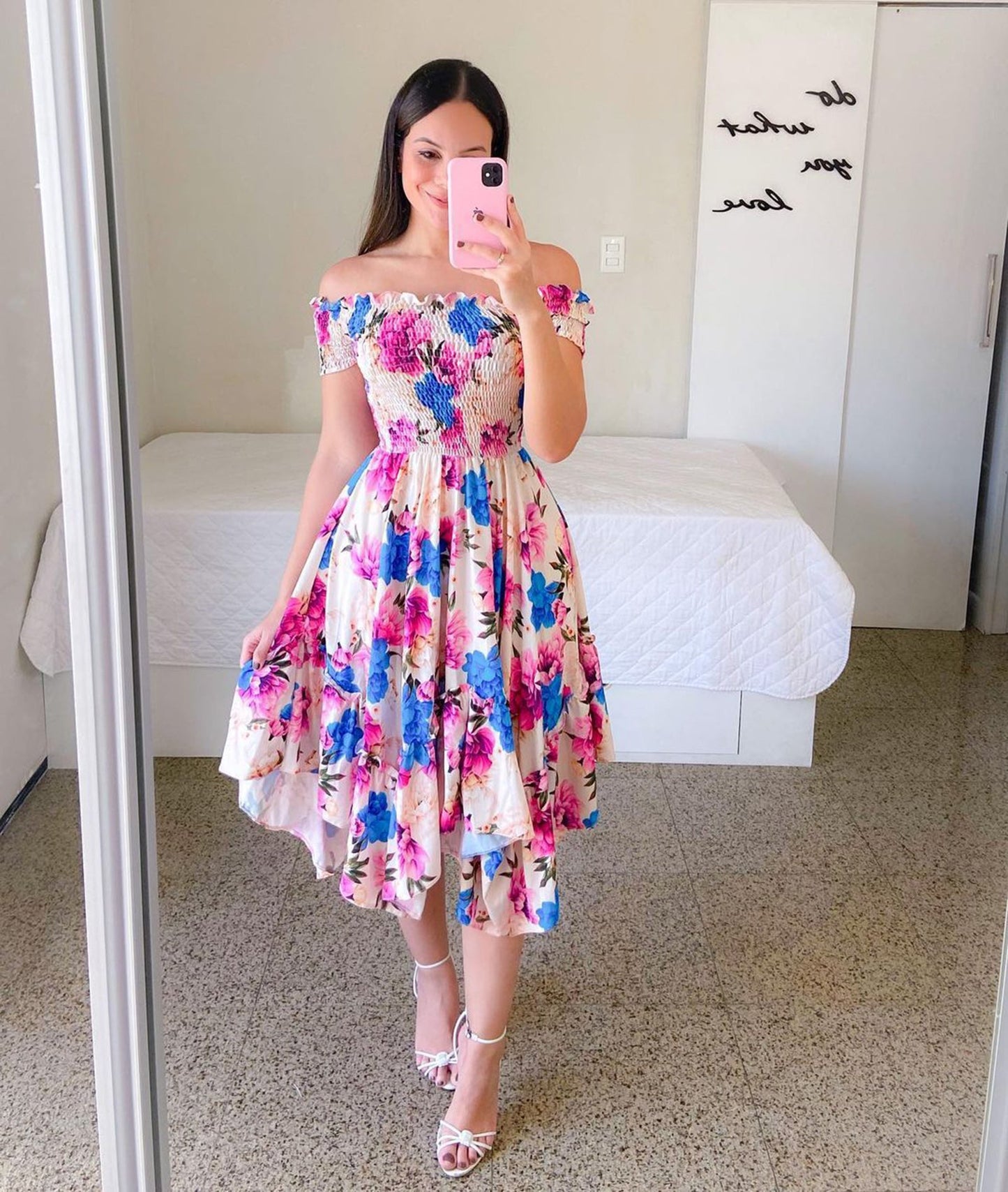 flowersverse Off Shoulder Floral Ruffle Short Sleeve Midi Dress