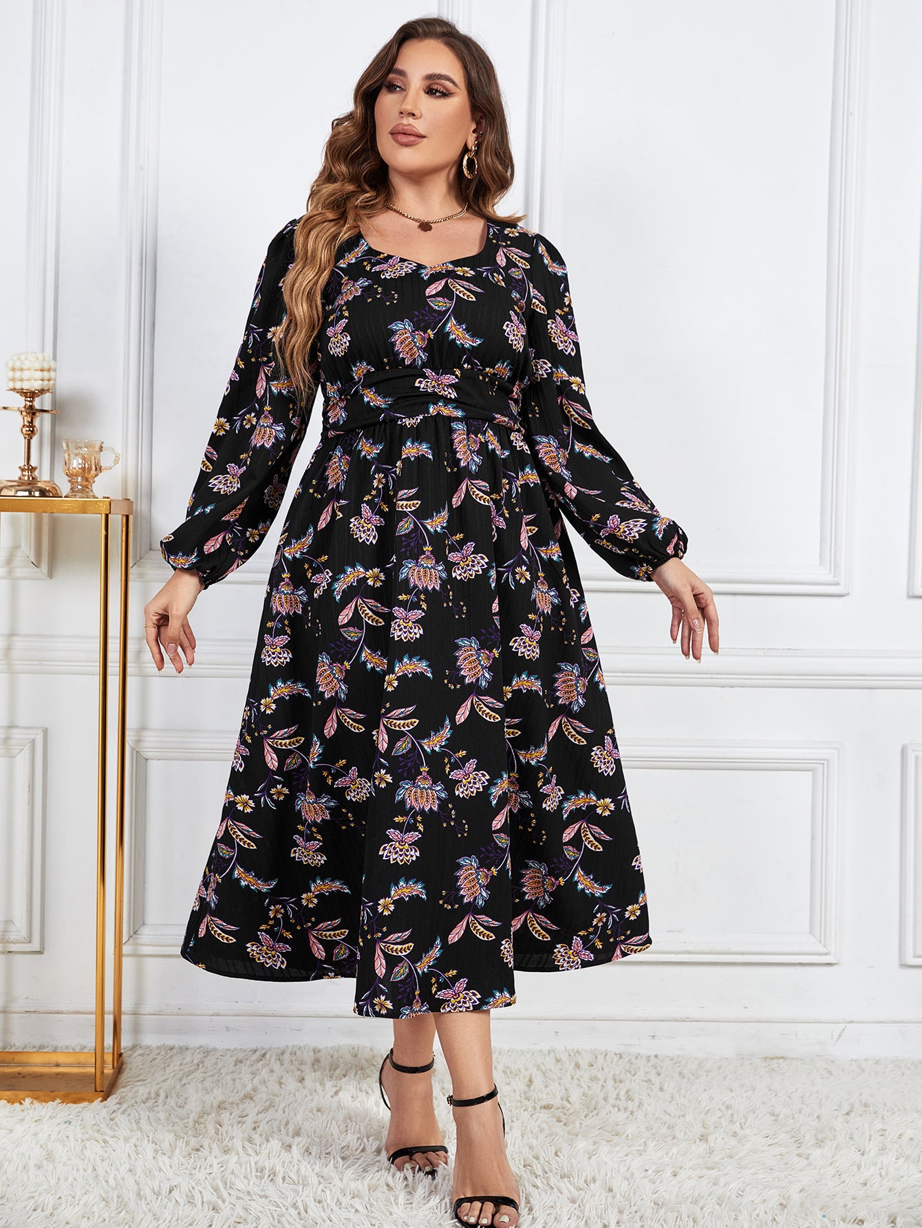 flowersverse Printed Loose Chic Slim Waist Slim Fit High Waist Long Sleeve Floral Dress Women