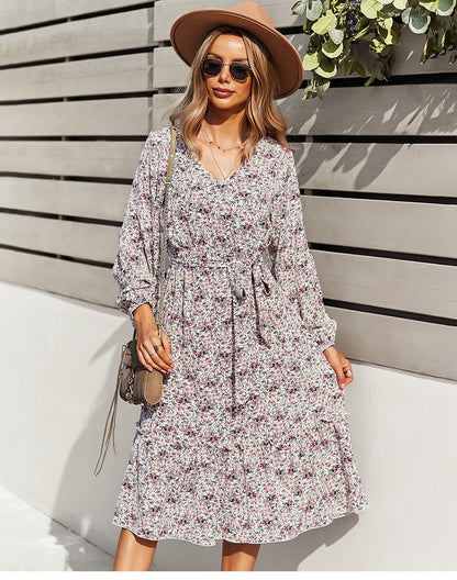 flowersverse Autumn Winter Sexy V Neck Print Dress Women Casual Full Sleeve Bandage Medium Long Floral Dresses High Wasit