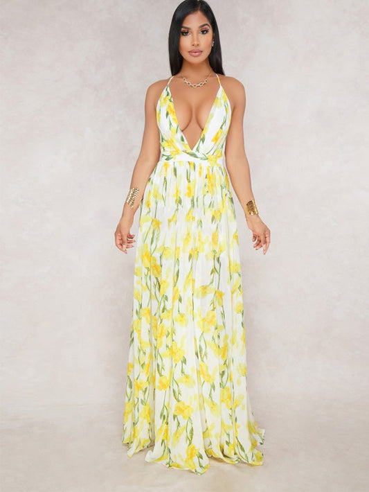 flowersverse European and American Deep V-Neck Back Chiffon Dress