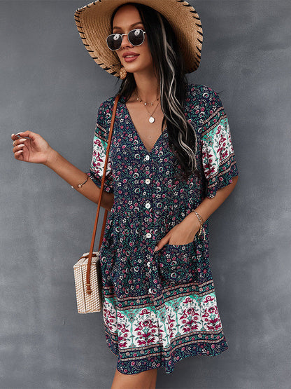 flowersverse Floral Print Summer Short Dress Women Casual V Neck Bohemian Short Sleeve Dress For Woman Fashion Sexy Spring Dress