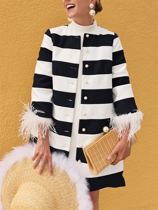 flowersverse Loose Three-Quarter Sleeves Buttoned Striped Round-Neck Outerwear
