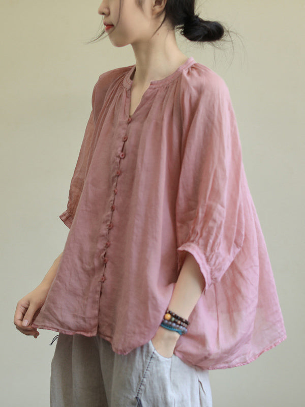 flowersverse Black&Pink High-Low Half Sleeve Ramie Cotton Loose Shirt