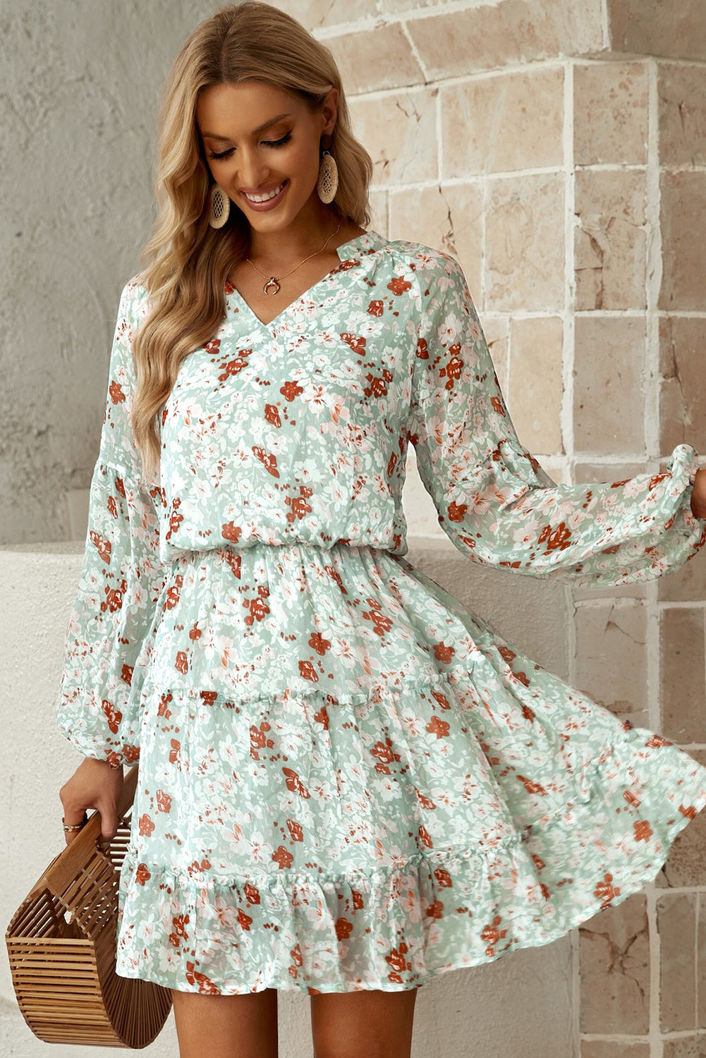 flowersverse Floral Frill Trim Puff Sleeve Notched Neck Dress