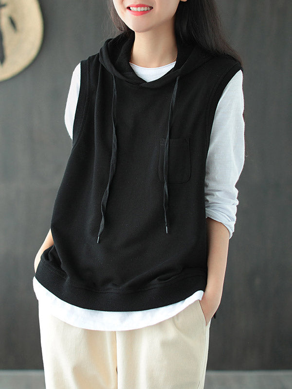 flowersverse Artistic Retro Solid Hooded Vest