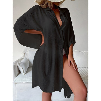 flowersverse Women's Cover Up Beach Wear Mini Dress Button Basic Casual Plain Turndown 3/4 Length Sleeve Loose Fit Outdoor Daily Black White  Spring Summer One Size