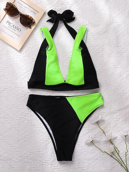 flowersverse Women's Swimwear Bikini Normal Swimsuit 2 Piece Color Block Blue Green Khaki Bathing Suits Sports Summer