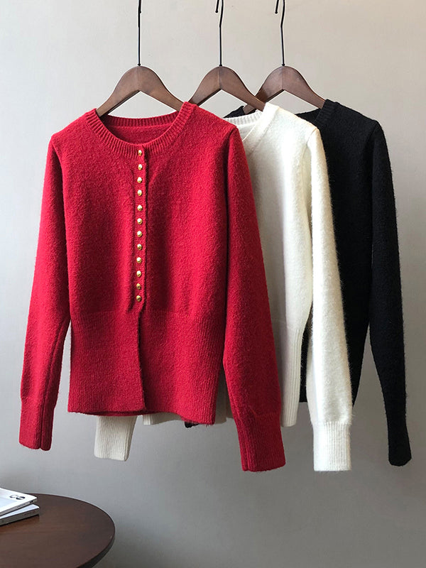 flowersverse Elegant Long Sleeves Solid Color Round-Neck Cardigan Tops