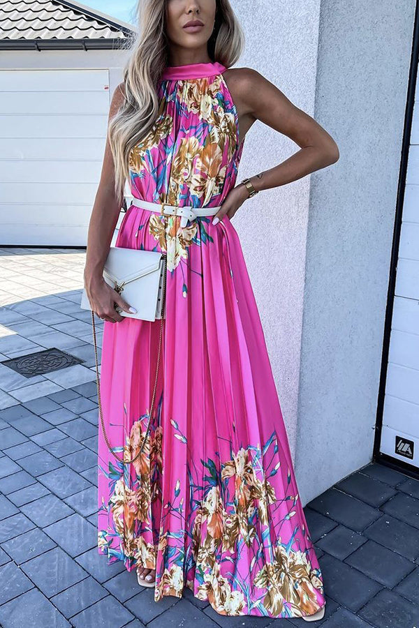 flowersverse Life In Floral Pleated Halter Neck Maxi Dress