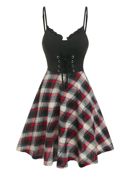 flowersverse Gothic Casual Dress Plus Size 3XL Tartan Plaid Panel Crisscross Cami A Line Dress Sleeveless High Waist Mini Party Dress