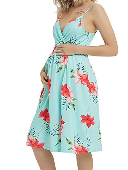 flowersverse Women‘s Baby Shower Maternity Dress Casual Dress Floral Dress Slip Dress Floral Midi Dress Sleeveless Backless Print Strap Basic Holiday Red Light Sky Blue Spring Summer S M L XL XXL