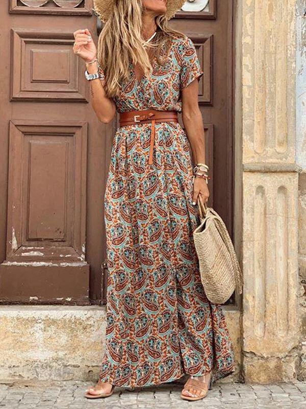 flowersverse Bohemian V Neck Print A-Line Maxi Dress With Belt