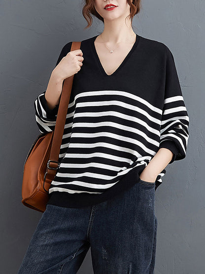 flowersverse Artistic Retro Casual Loose Striped V-Neck Long Sleeves Knitted Sweater