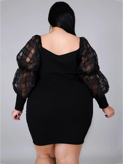 flowersverse Plus Size Long Sleeve Hollow Out Mesh Mini Dresses