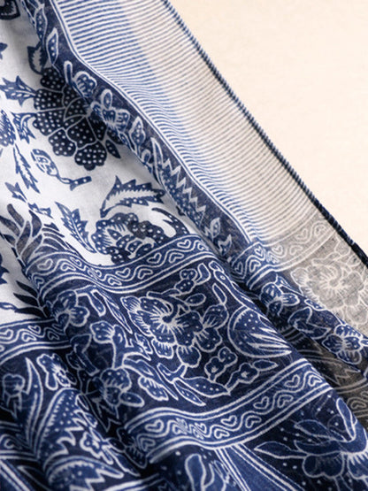 flowersverse Printed Blue-And-White Sun-protection Tasseled Shawl&Scarf