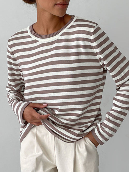flowersverse Split-Joint Striped Long Sleeves Loose Round-Neck Sweater Tops