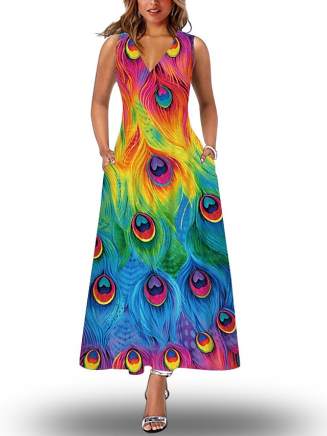 flowersverse Women's Long Dress Maxi Dress Casual Dress Shift Dress Print Dress Floral Butterfly Peacock Fashion Casual Daily Going out Beach Print Sleeveless V Neck Dress Loose Fit Black White Light Green Spring