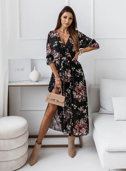 flowersverse Fashion V-Neck Slim Side Slit Chiffon Print Dress