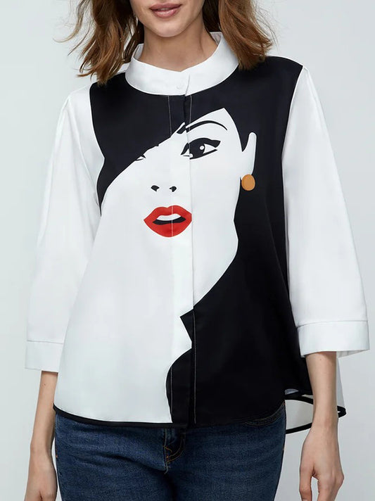 flowersverse Casual Three-Quarter Sleeves Figure Buttoned Printed Stand Collar Blouses&Shirts Tops