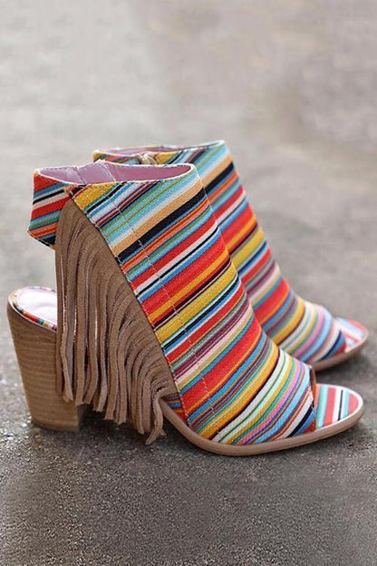 flowersverse Colorful Striped Fringe Zipper Peep Toe Heels