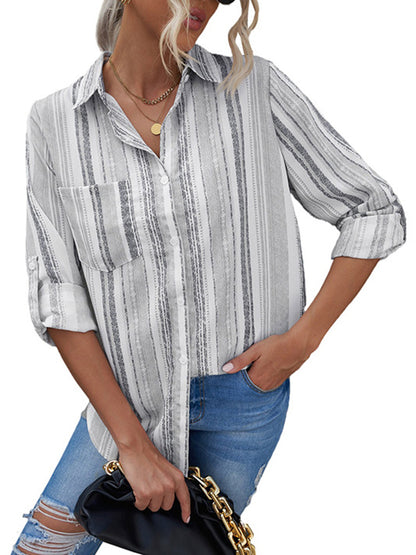 flowersverse Buttoned Pockets Striped High-Low Long Sleeves Lapel Blouses&Shirts Tops