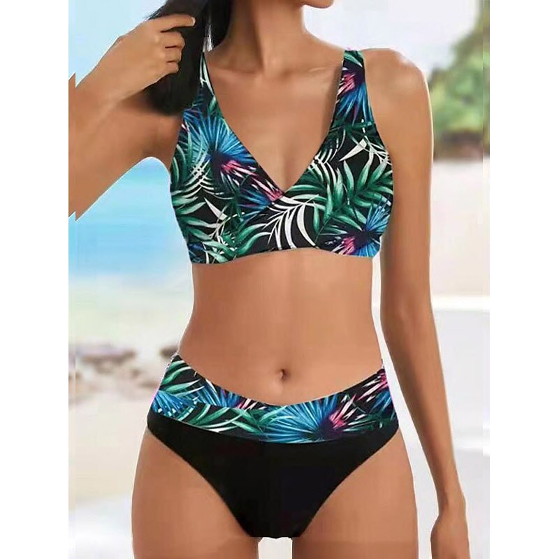 flowersverse Women's Swimwear Bikini Plus Size Swimsuit 2 Piece Striped Black Burgundy Blue Lavender Purple Bandeau Bathing Suits Sports Summer