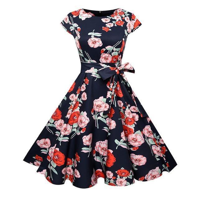 flowersverse Women Summer Floral Dress Vintage Casual Elegant Print O Neck Party Dresses