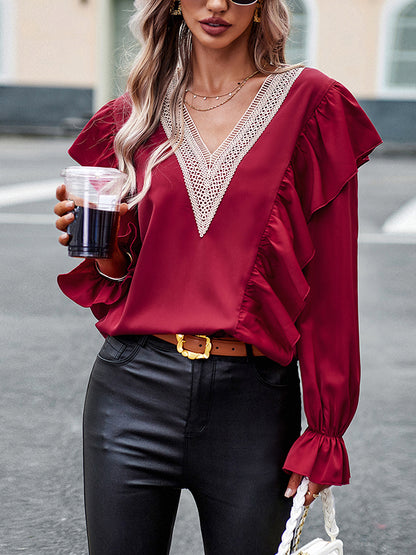 flowersverse Asymmetric Hollow Long Sleeves Loose V-Neck Blouses&Shirts Tops