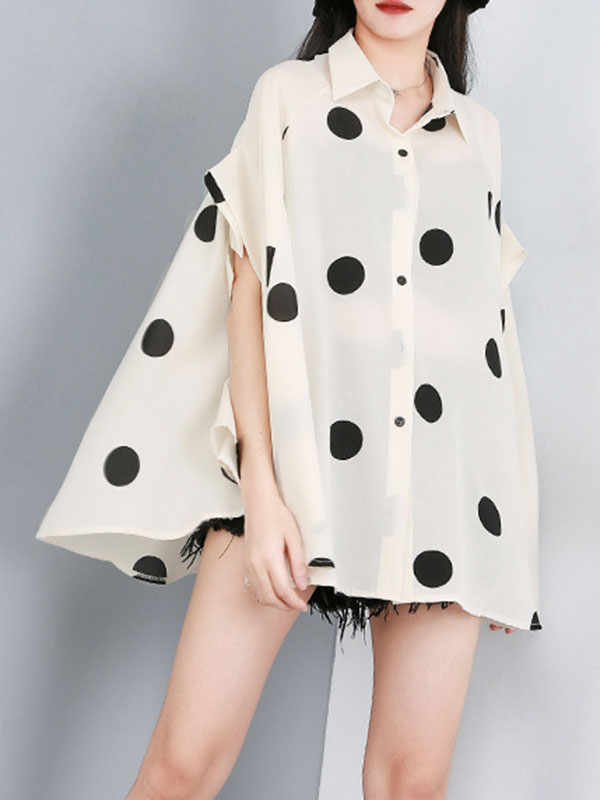 flowersverse Polka-Dot Batwing Sleeves High-Low Lapel Blouses&Shirts Tops