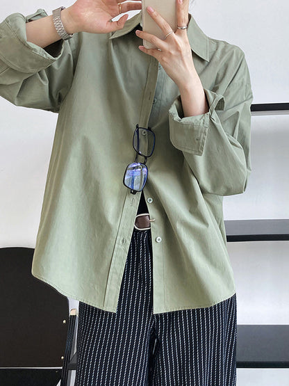 flowersverse Simple Loose Long Sleeves Buttoned Solid Color Lapel Collar Blouses&Shirts Tops