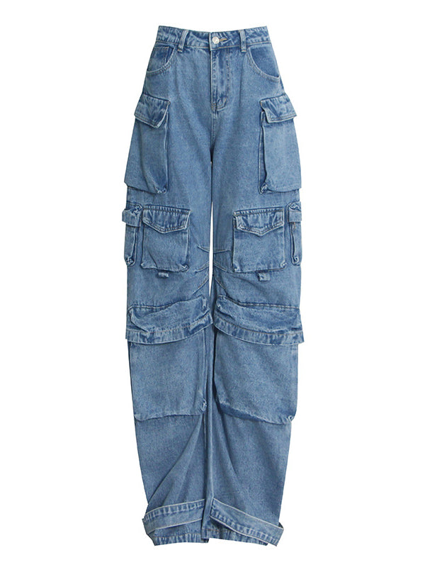 flowersverse Pleated Pockets Split-Joint Streamer Loose Jean Pants Bottoms