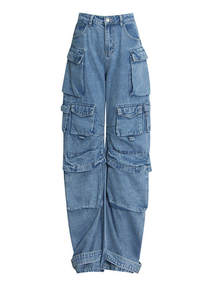 flowersverse Pleated Pockets Split-Joint Streamer Loose Jean Pants Bottoms