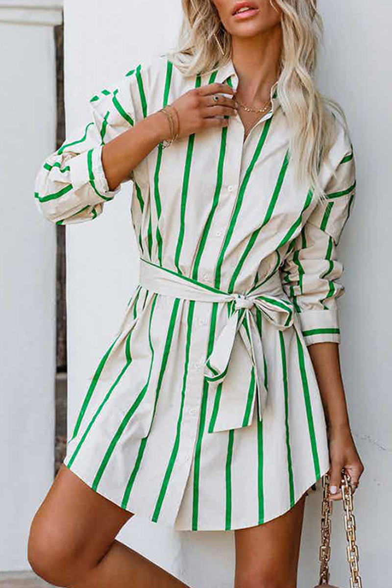 flowersverse Casual Striped Patchwork Turndown Collar Shirt Dress Dresses