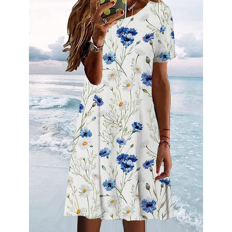 flowersverse Women's T Shirt Dress Casual Dress Summer Dress Graphic Floral Print Crew Neck Mini Dress Fashion Modern Daily Holiday Short Sleeve Regular Fit White Light Green Beige Summer Spring S M L XL XXL